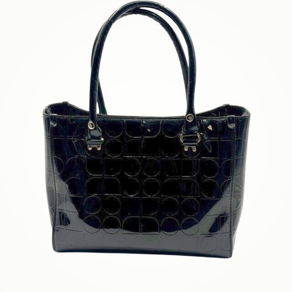 Kate Spade Black Patent Leather Embossed Spade Geometric Tote Bag Gold Lining - Picture 2 of 10